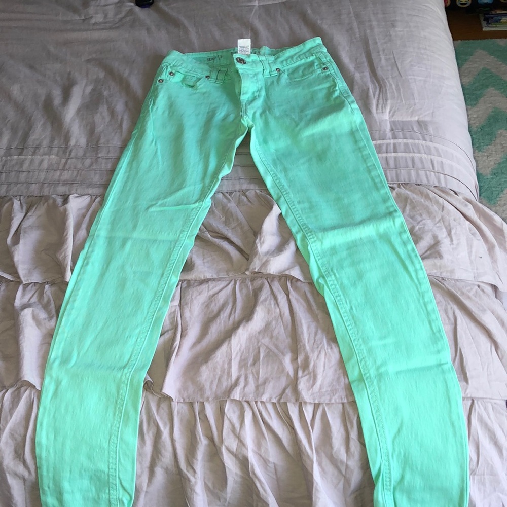 mint green skinny jeans